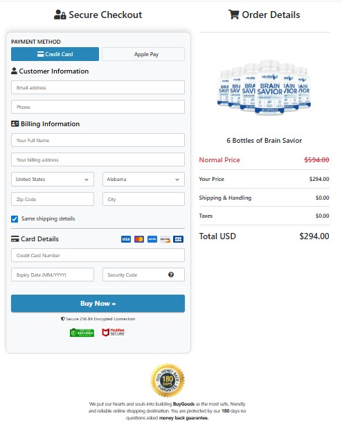 Brain Savior secure order page with SSL encryption and ClickBank payment processing